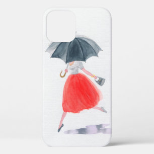 Funda Para iPhone 12 Chica con paraguas bajo la lluvia. ilustracion de