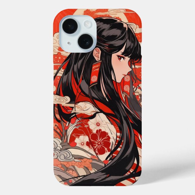 Funda De Case-Mate Para iPhone chica de anime rojo ilustracion japonés tradiciona (Reverso )