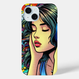 Funda Para iPhone 15 Chica escuchando música sobre audífonos Psicodélic