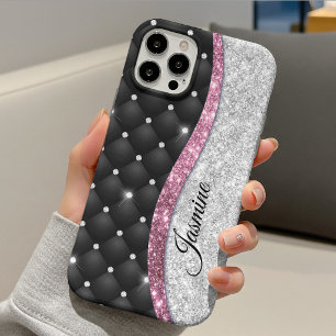 Funda Para iPhone 13 Chica femenina monograma falso de brillo de plata 