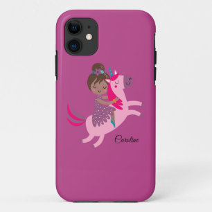 Funda Para iPhone 11 Chica haitiana de brunette en una unicornio