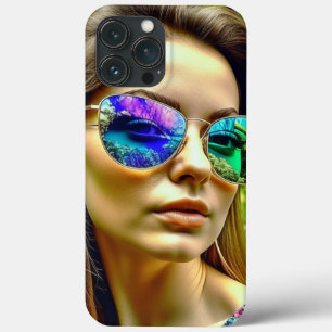 Funda Para iPhone 13 Pro Max Chica Hermosa con Reflejo de Flores en Gafas de So