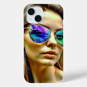 Funda Para iPhone 15 Chica Hermosa con Reflejo de Flores en Gafas de So