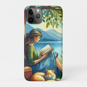 Funda Para iPhone 11 Pro Chica leyendo un libro bajo un árbol con un gato s