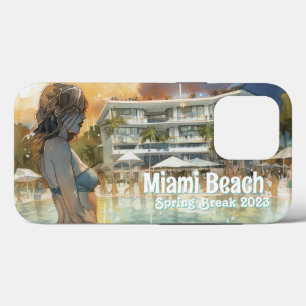 Funda Para iPhone 13 Pro Chica Miami Beach Spring Break en Pool Watercolor