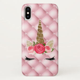 Funda Para iPhone X Chica Unicornio Brillante Dorado y Rosas Rosadas M