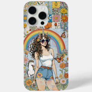 Funda Para iPhone 15 Pro Max Chica unicornio con flor de arcoíris y caballos