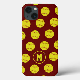 Funda Para iPhone 13 chicas amarillo softball patrón deportivo monogram