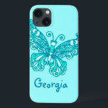 Funda Para iPhone 13 Chicas con nombre aqua green mariposa yipad case<br><div class="desc">Estuche de ipad de mariposa de faja de faja de faja de faja de faro,  de diseño único,  brillante y colorido. El funda lee: Georgia o personaliza a este funda con el nombre que elijas.</div>
