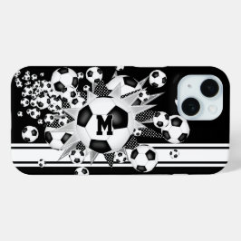 Funda Para iPhone 15 chicas monogramados pelota de fútbol de negro