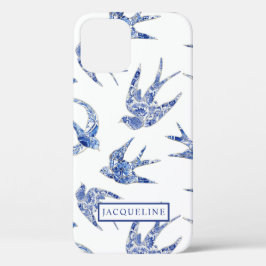 Funda Para iPhone 12 Chinoiserie Aves azules y blancas con nombre
