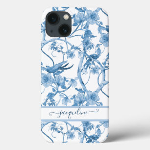 Funda Para iPhone 13 Chinoiserie Floral Bird Dusty Blue n White Script
