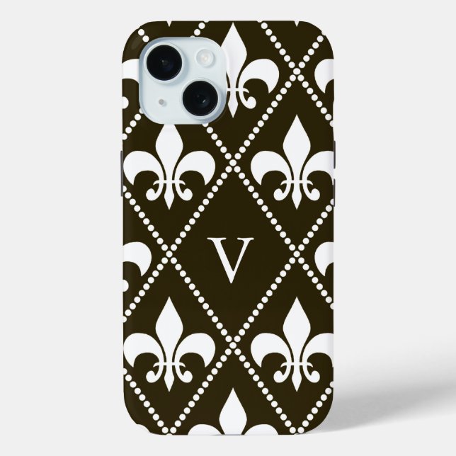 Funda De Case-Mate Para iPhone Chocolate Fleur de Lis con monograma (Reverso )