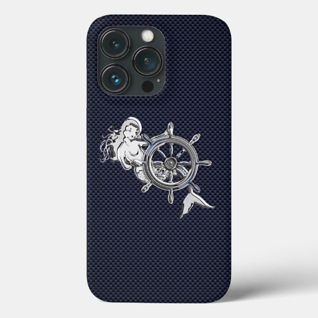 Funda De Case-Mate Para iPhone Chrome Mermaid on Carbon Fiber Print (Reverso )