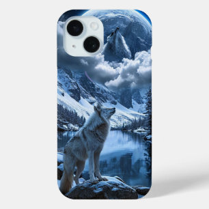 Funda Para iPhone 15 Cielo nocturno de luna y lobo Paisaje nocturno de 