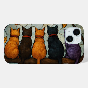 Funda Para iPhone 15 Cinco Gatos en una Rama de Árbol Estilo Vidrio Pin