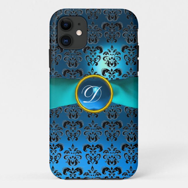 Funda De Case-Mate Para iPhone Cinta azul DAMASK GIRLY MONOGRAM (Reverso)