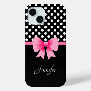 Funda Para iPhone 15 Cinta Rosa con Lunares Blancos y Negros Nombre