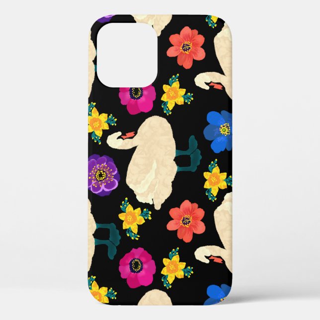 Funda De Case-Mate Para iPhone Cisnes, flores, fondo negro dibujado a mano. (Reverso )