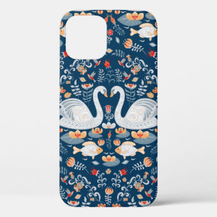 Funda Para iPhone 12 Cisnes, peces, flores de fondo azul. Decorativo