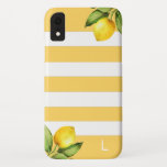Funda Para iPhone XR Citrus Orchard Lemon Stripe Monograma<br><div class="desc">Rústicas ramas de limón color agua sobre rayas blancas y amarillas de moda,  estuche monogramado para iPhone.</div>