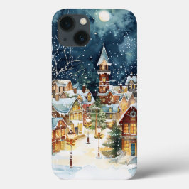 Funda Para iPhone 13 Ciudad ilustrativa de Navidades en la nieve