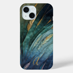 Funda Para iPhone 15 Clase elegante plumas de pavo real doradas monogra