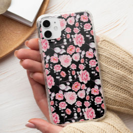 Funda Para iPhone 13 Pro Max Clásico Chic Patrón Floral Rosa sobre Negro