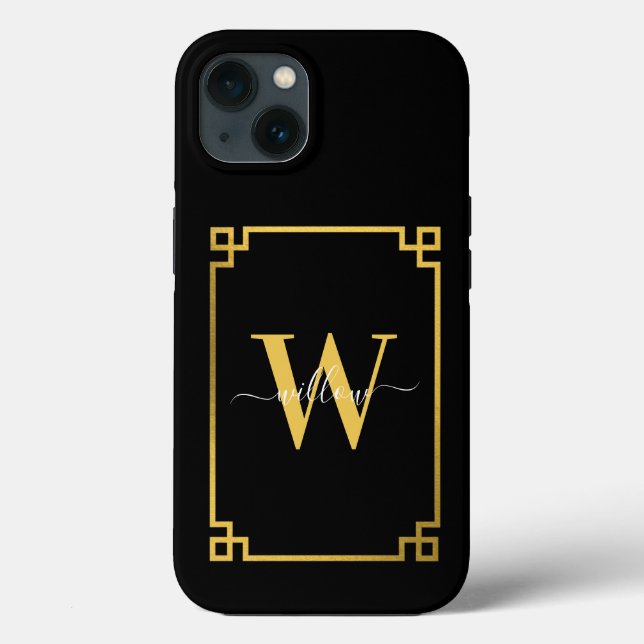 Funda De Case-Mate Para iPhone Clave griega negra y dorada monogramada (Reverso )
