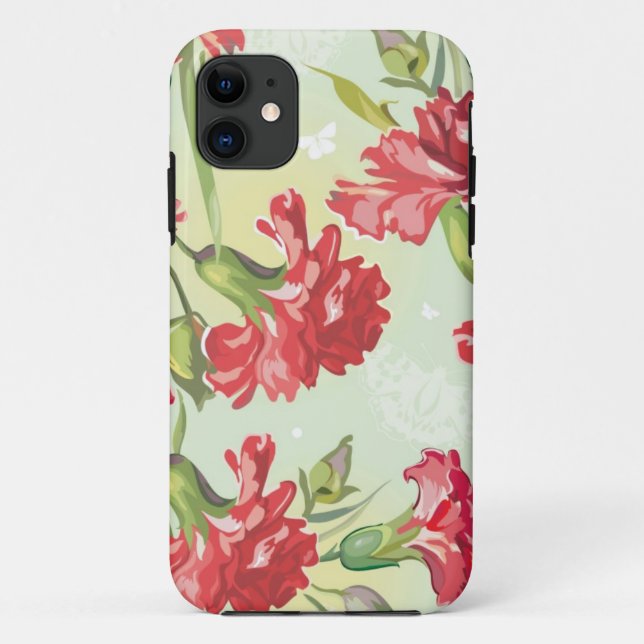 Funda De Case-Mate Para iPhone Claveles rojos en verde con las mariposas (Reverso)