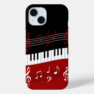 Funda Para iPhone 15 Claves y notas de piano blanco rojo y negro elegan