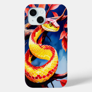 Funda Para iPhone 15 Cobra con escalas rojas y amarillas vibrantes en e