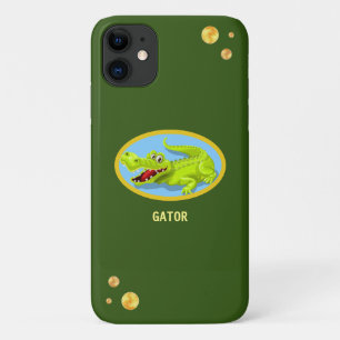 Funda Para iPhone 11 Cocodrilo feliz y confeti dorado en bosque verde