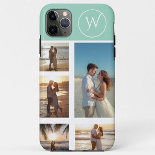 Funda Para iPhone 11 Pro Max Colage de 5 Fotos con Monograma en Verde Turquesa