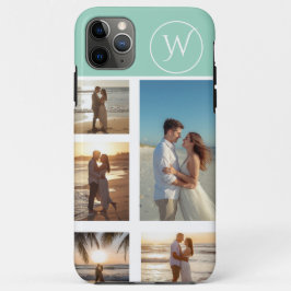 Funda Para iPhone 11 Pro Max Colage de 5 Fotos con Monograma en Verde Turquesa