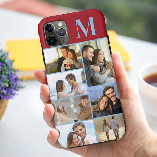 Funda Para iPhone 11 Pro Max Colage de 7 fotos con monograma en rojo