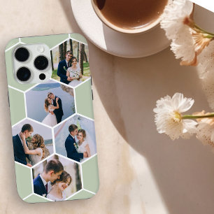 Funda Para iPhone 15 Pro Max Colage de fotos en panal 5 fotos verde salvia
