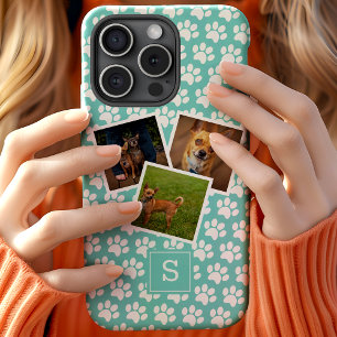 Funda Para iPhone 12 Colaje de Fotos de Mascotas con Huella, Monograma 