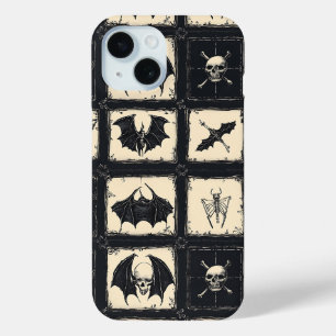 Funda Para iPhone 15 Colcha de mezclilla con murciélagos y esqueletos