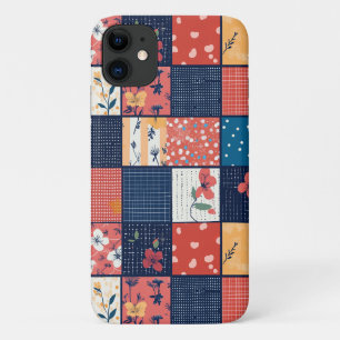Funda Para iPhone 11 Colcha de patchwork floral de coral navy vintage