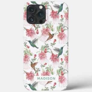 Funda Para iPhone 13 Pro Max Colibrí Fuchsia Acuarela Floral Personalizado