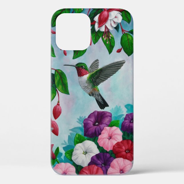 Funda De Case-Mate Para iPhone Colibrí volando en un jardín de flores (Reverso )