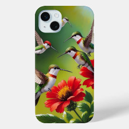 Funda Para iPhone 15 Mini Colibríes de Garganta Rubí y Floraciones Escarlata