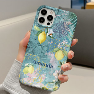 Funda Para iPhone 15 Collage chic azul turquesa siciliano cítrico flora