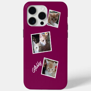 Funda Para iPhone 15 Pro Max Collage de 3 Fotos de Gatos Nombre Mascotas Burdeo