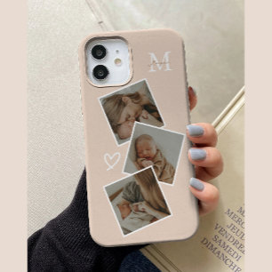 Funda Para iPhone 15 Collage de 3 fotos personalizado con monograma bei