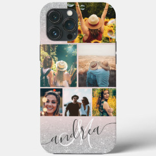 Funda Para iPhone 13 Pro Max Collage de 6 fotos en monograma de purpurina plate