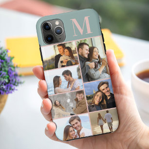 Funda Para iPhone 11 Pro Max Collage de 7 fotos con monograma en verde
