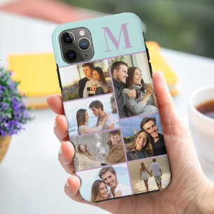 Funda Para iPhone 11 Pro Max Collage de 7 fotos con monograma menta lila