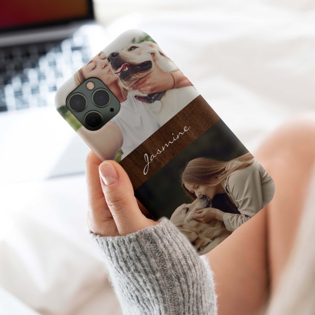Funda De Case-Mate Para iPhone Collage de fotos de perro de madera rústica, (Pet photo collage monogram with rustic dark wood background. Keep your pet photos with you.)